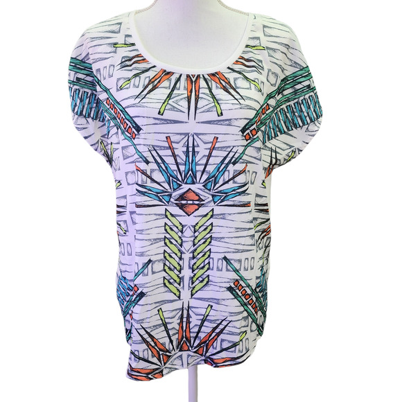 Rock & Republic Top Women Large White Aztec Print T-Shirt Silky Soft Short Sleev - Picture 8 of 13